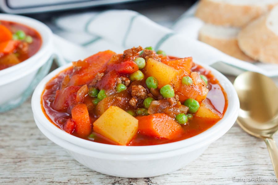 Ground Beef Stew in a white bowl