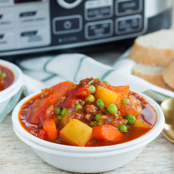 Ground Beef Stew in a white bowl