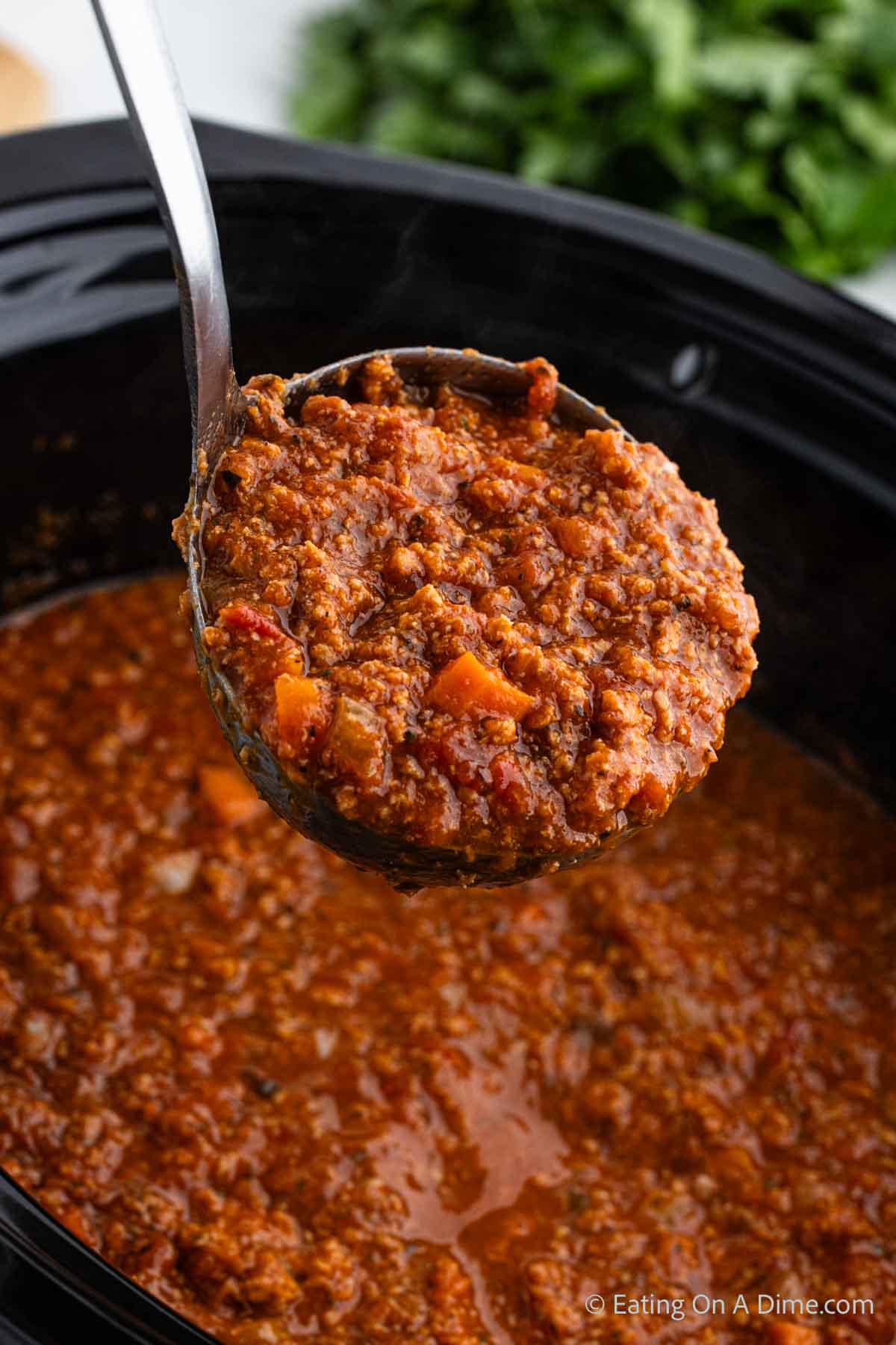 Bolognese Sauce in the slow cooker with a serving on a ladle
