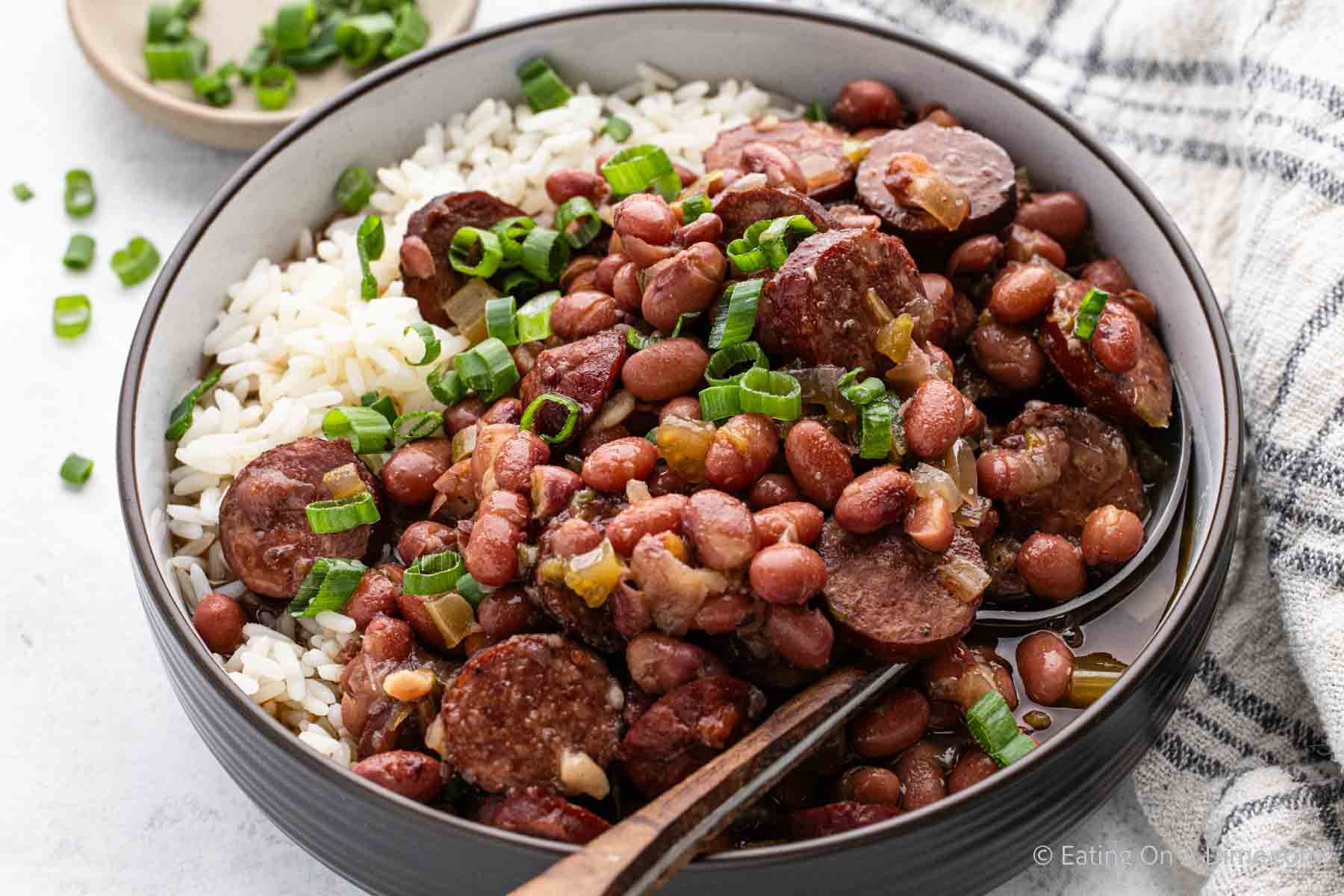 Red beans and rice with sausage in a bowl