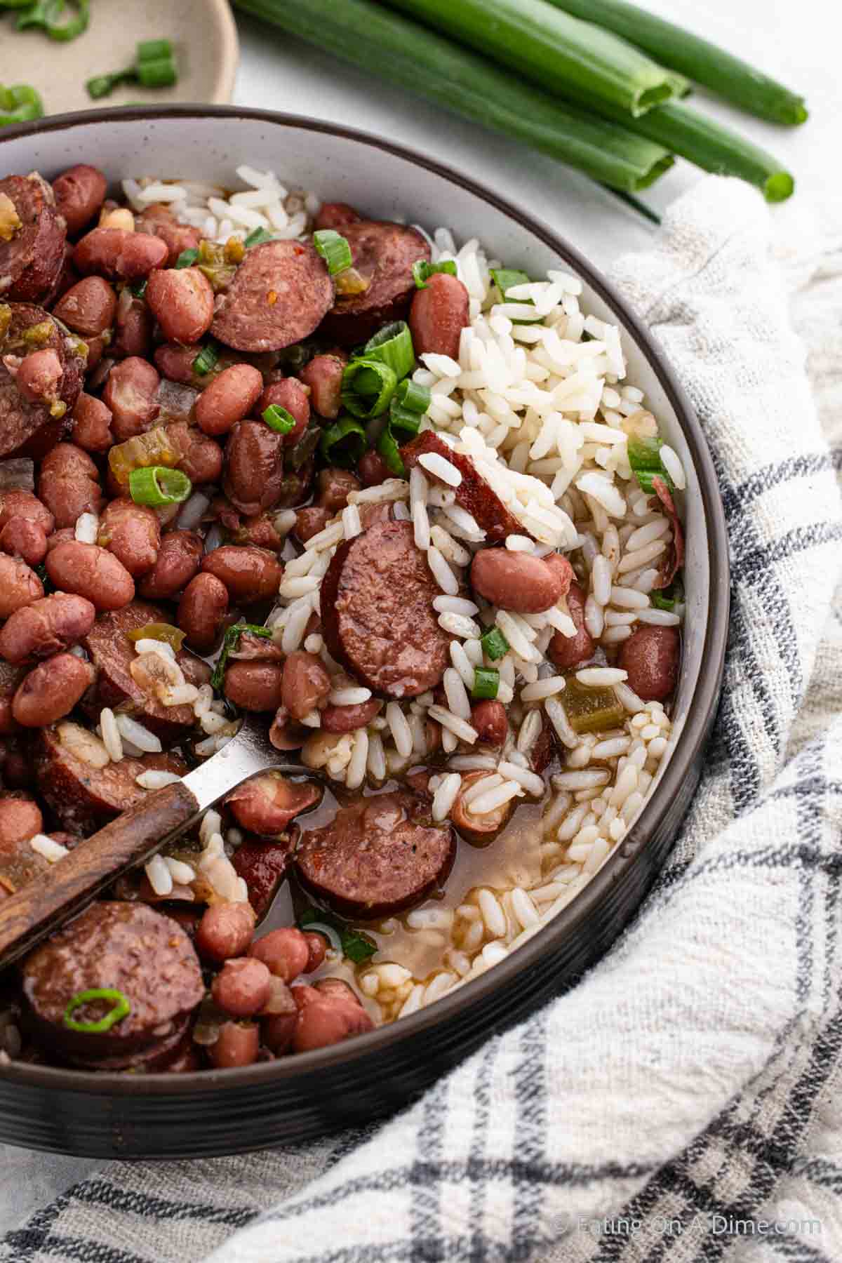 Red beans and rice in a bowl with a serving on a spoon