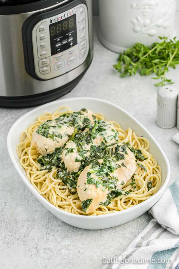A bowl of chicken florentine with spaghetti noodles. 