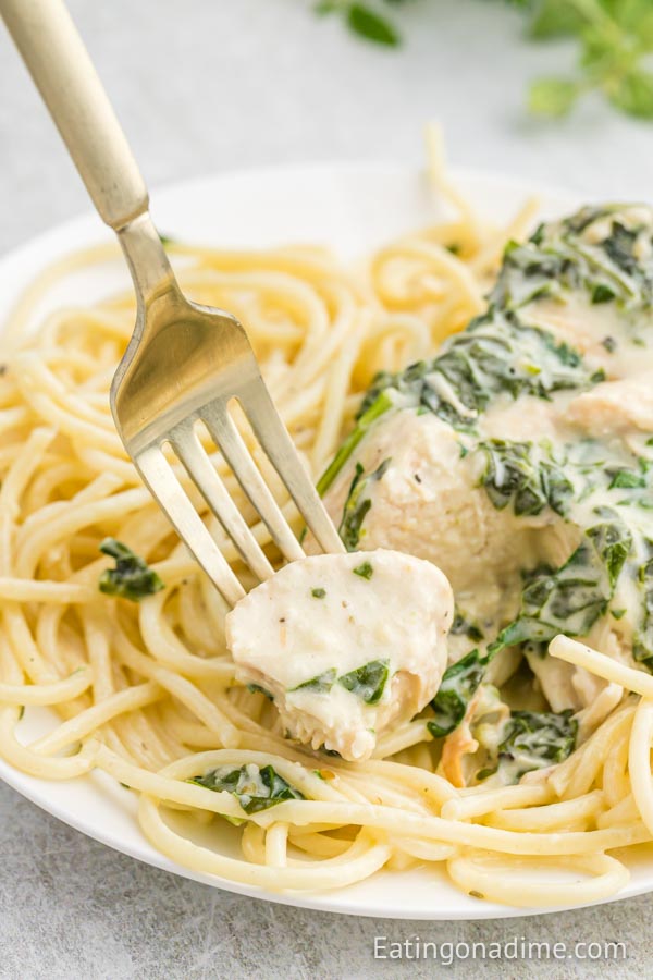 Close up image of a serving on a fork of chicken florentine with spaghetti noodles on a plate