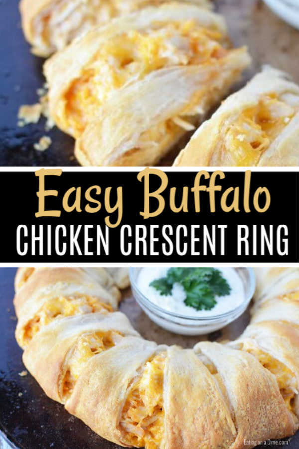 Make this easy Buffalo Chicken Crescent Ring Recipe. It's the perfect appetizer and everyone will love this easy buffalo chicken. Try Crescent ring recipes. #eatingonadime #easybuffalochickencrescentring #buffalochicken #crescentring