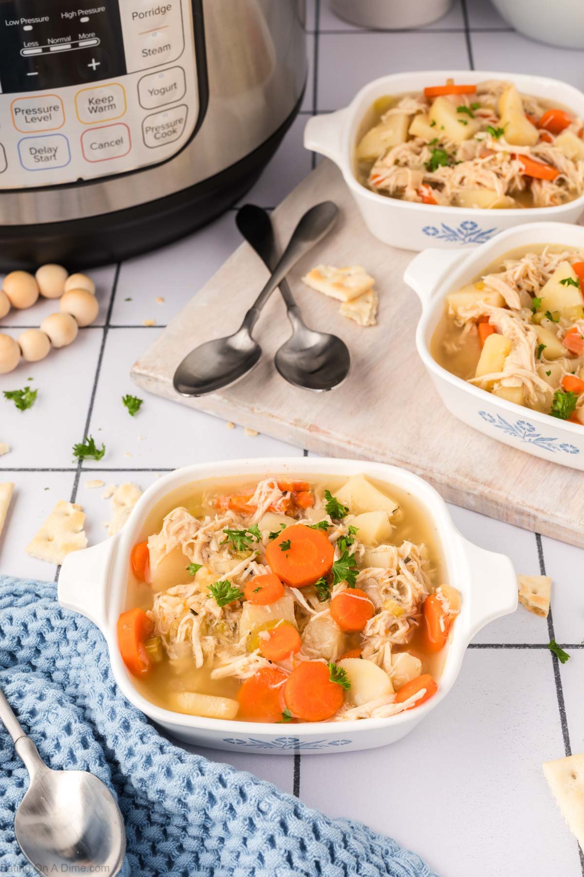 Chicken stew in a white bowl