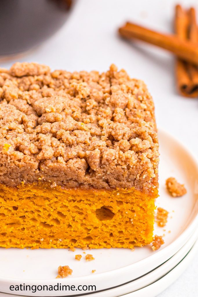 Pumpkin Coffee Cake slices on a white plate