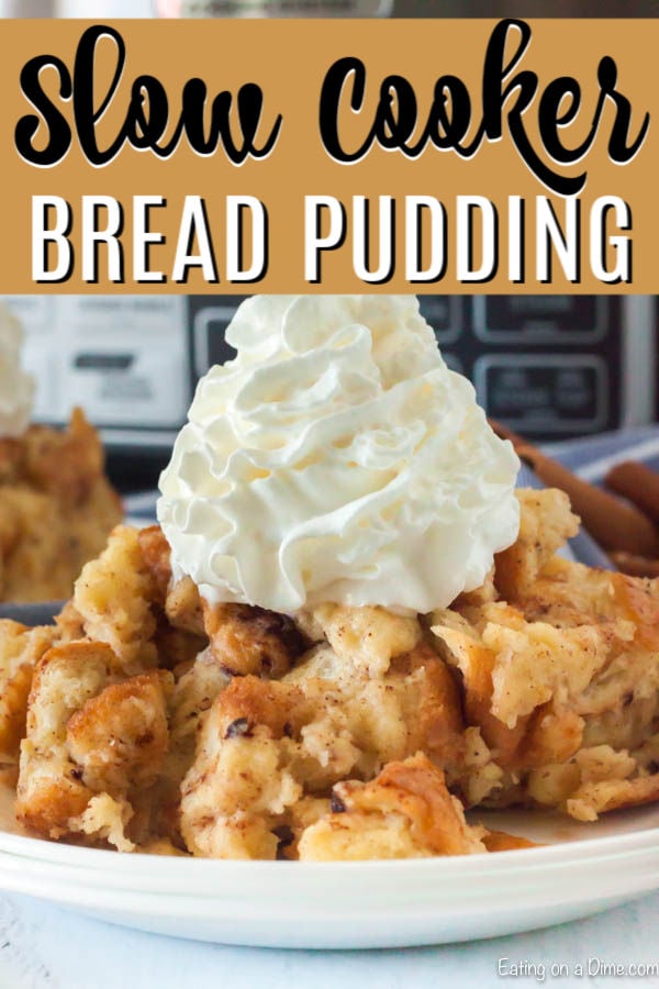 Bread pudding on a plate topped with ready whip.  