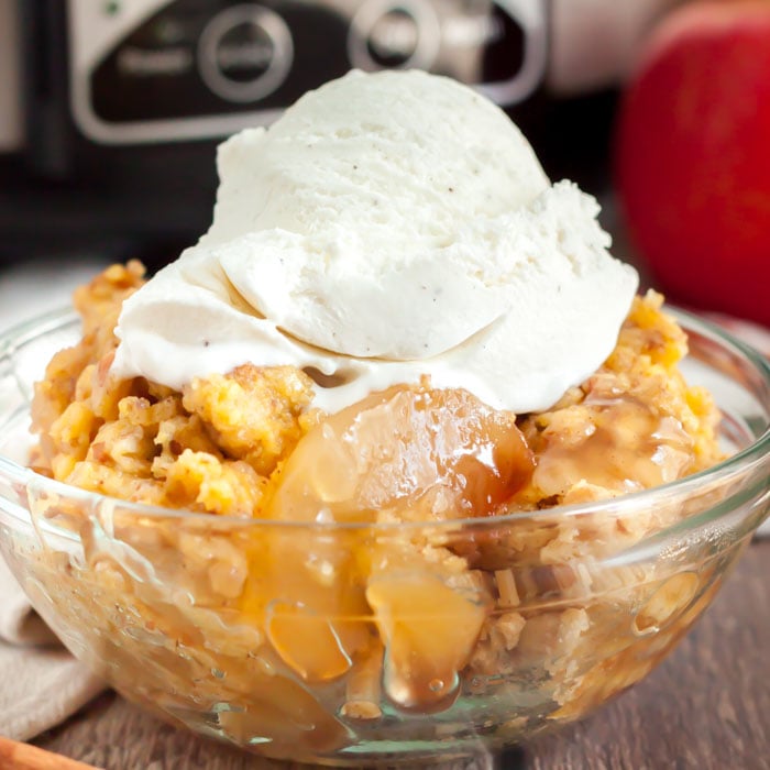 Easy Crock Pot Apple Crisp (with Cake Mix and Canned Pie Filling)