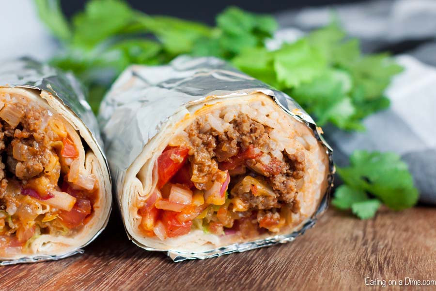 photo of beef burrito wrapped in foil.