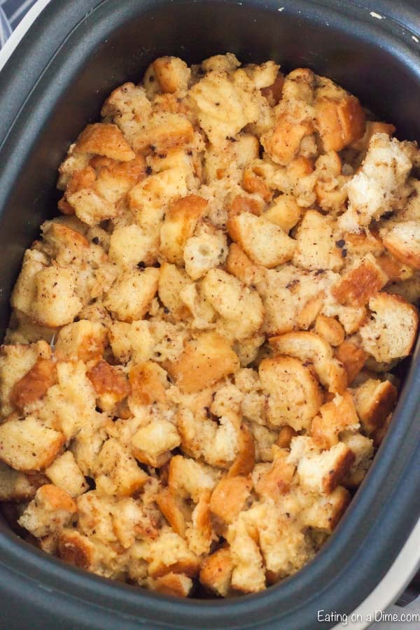 The bread pudding cooked in the crock pot. 
