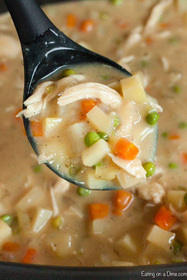 Crock Pot Chicken Pot Pie Soup Recipe is so easy in the slow cooker and creamy and delicious. Not only is this meal budget friendly but it tastes amazing!
