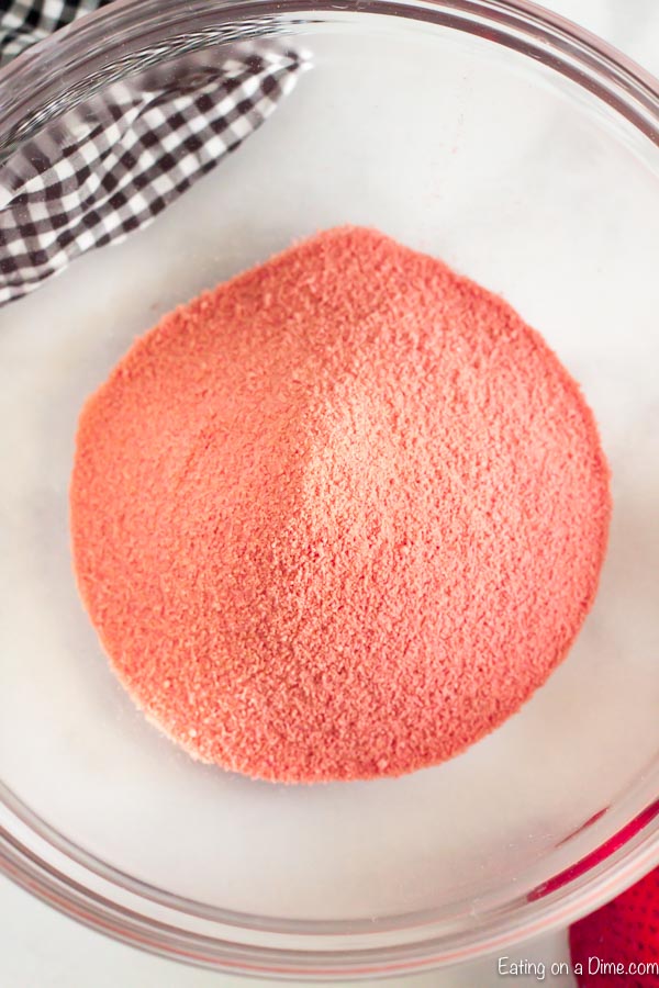 Close up image Strawberry Jello Mix in a bowl.