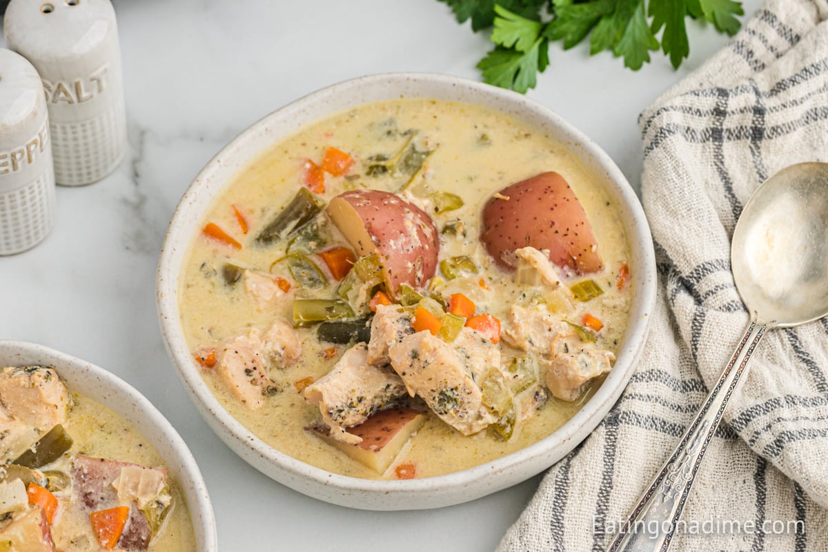 Close up image of Creamy Chicken Stew in a bowl with a spoon