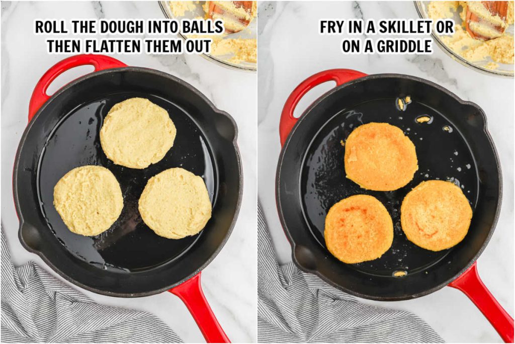 The process of cooking arepas dough in a skillet