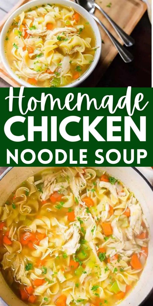 You can enjoy Homemade Chicken Noodle Soup Recipe in just 20 minutes. If you are craving soup, this is the best homemade chicken noodle soup that is easy to make too! You’ll love this quick and easy chicken noodle soup recipe.  #eatingonadime #souprecipes #chickenrecipes #onepotdinners 
