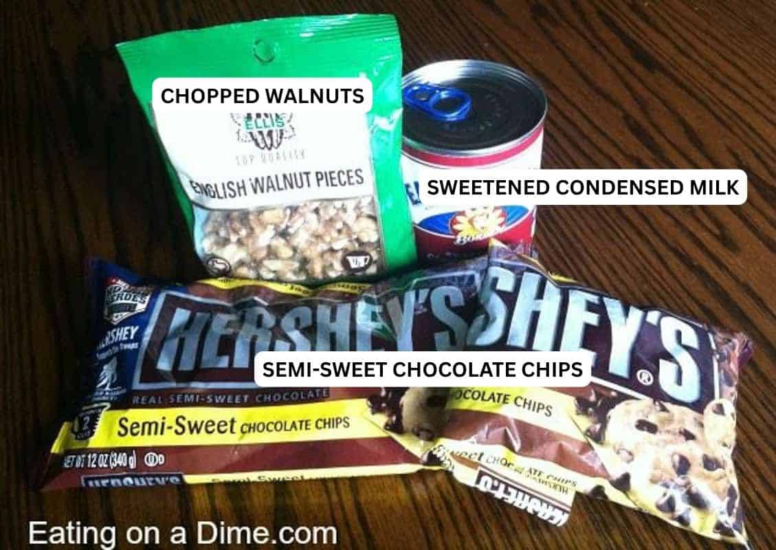 Ingredients for recipe: chopped walnuts, sweetened condensed milk and semi-sweet chocolate chips. 