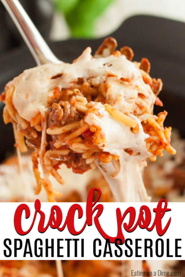 Crock pot Spaghetti Casserole Recipe is the best one pot meal for a great dinner any day of the week. Each bite is cheesy and yummy. Clean up is easy too.