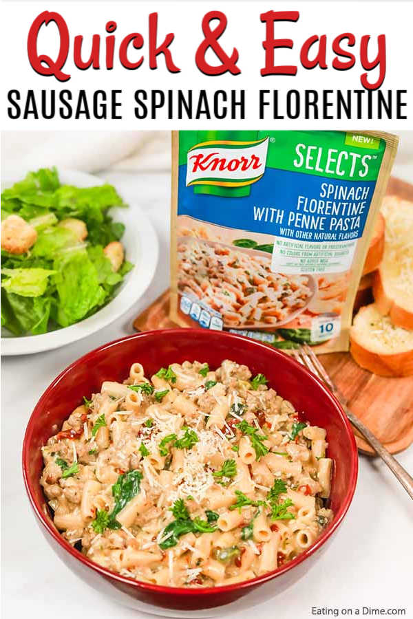 This quick and easy sausage spinach florentine recipe can be created in under 20 minutes. You'll love this easy skillet recipe. The sauce on this pasta recipe is delicious and easy to create. This recipe is perfect for those busy weeknights! #eatingonadime #skilletrecipes #dinnerrecipes 
