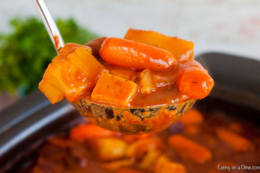 Ladle of beef stew.