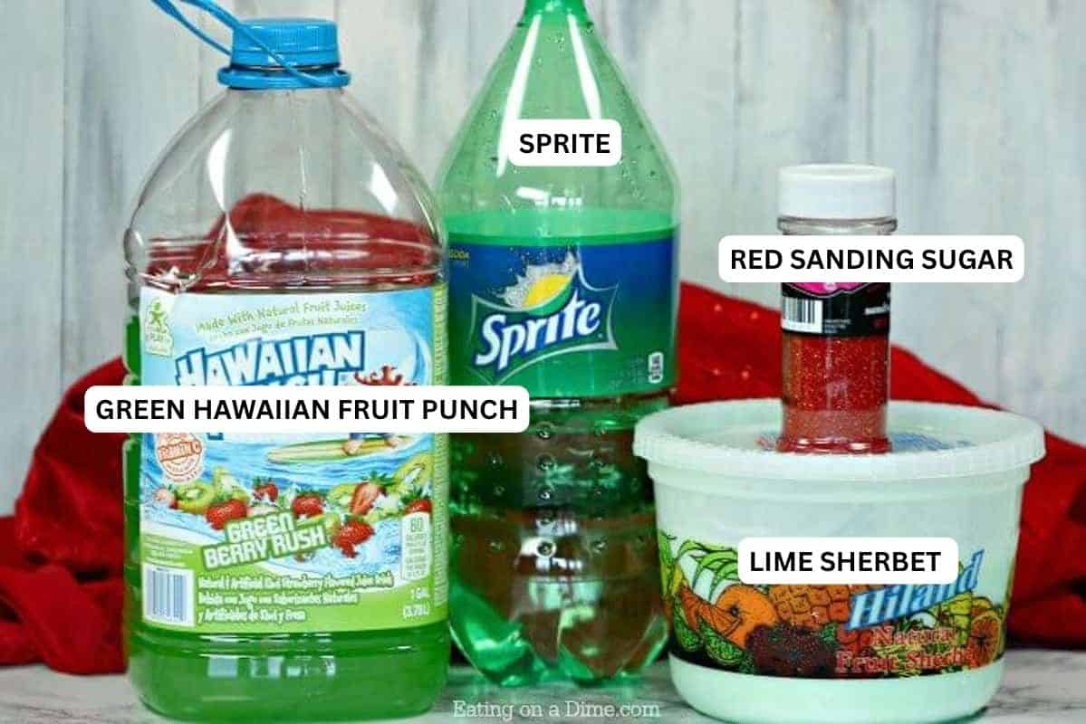The best Christmas punch recipes. You only need 3 ingredients for this Easy Grinch Punch Recipe. Everyone loves this simple Christmas Sherbet Punch recipe. Ingredients for recipe: green Hawaiian fruit punch, sprite, red sanding sugar and lime sherbet.