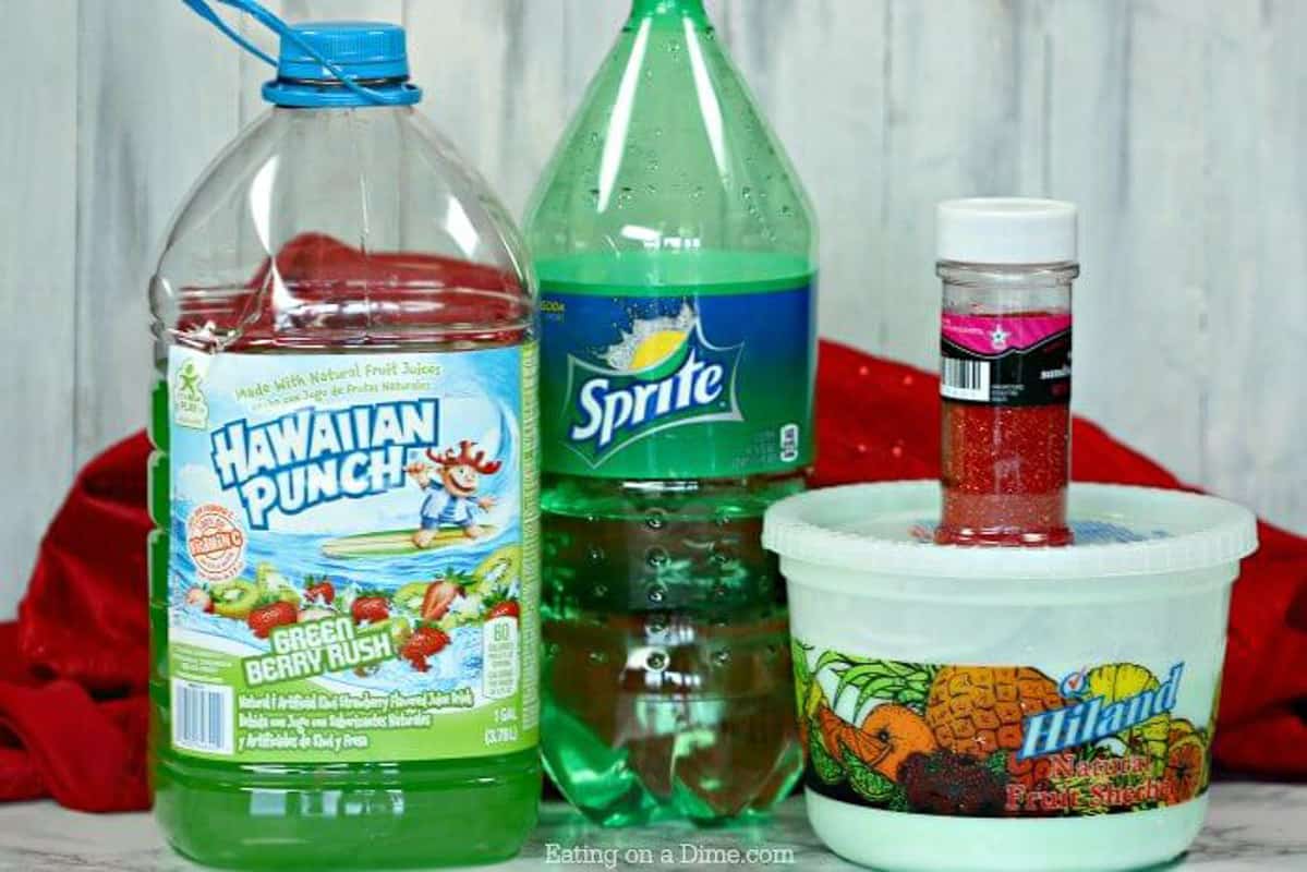 Close up image of ingredients needed for Grinch Punch. 
