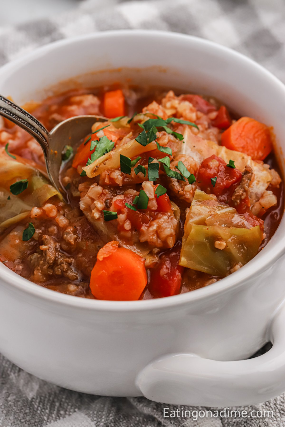 Cabbage Soup in a white bowl with a serving on a spoon