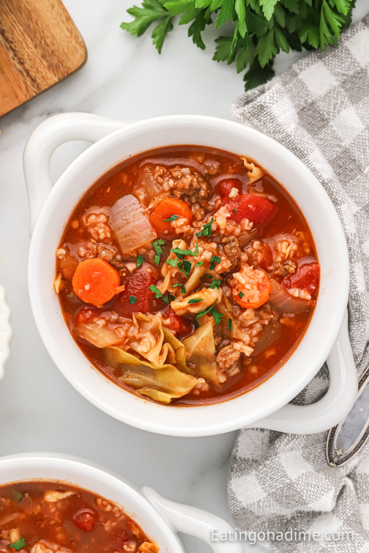 Cabbage Soup in a white bowl