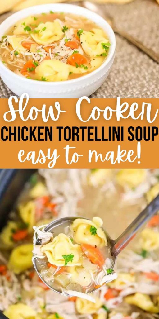 Enjoy the best comfort food when you make Crockpot Chicken Tortellini Soup. The tortellini and tender chicken make this soup so hearty and healthy too.  This Slow Cooker Chicken Tortellini Soup is easy to make and is packed with tons of flavor too! #eatingonadime #souprecipes #crockpotrecipes #slowcookerrecipes #chickenrecipes 
