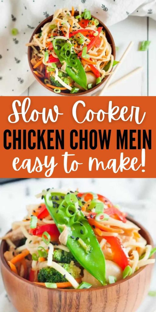 Our family loves Chinese take out but now we can make Crock Pot Chicken Chow Mein Recipe at home and save time and money. This recipe tastes amazing and is easy to make in a slow cooker.  You are going to love this authentic chicken chow mien recipe.  #eatingonadime #crockpotrecipes #slowcookerrecipes #chowmein 
