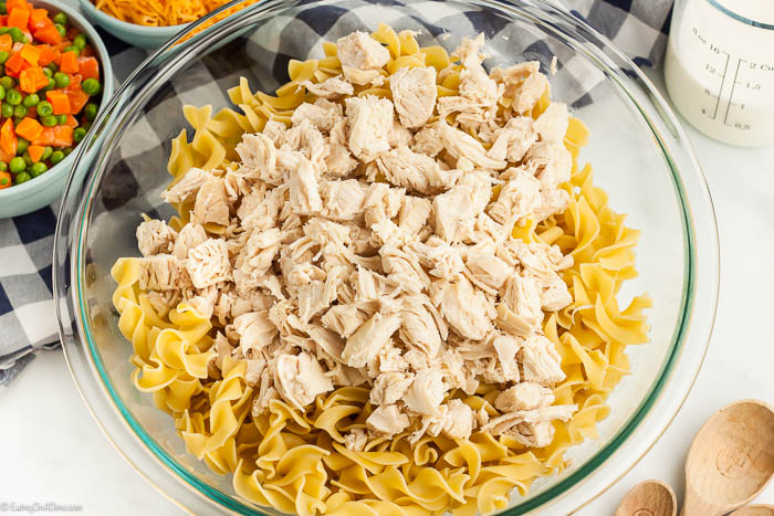 Cooked chicken and noodles in a bowl