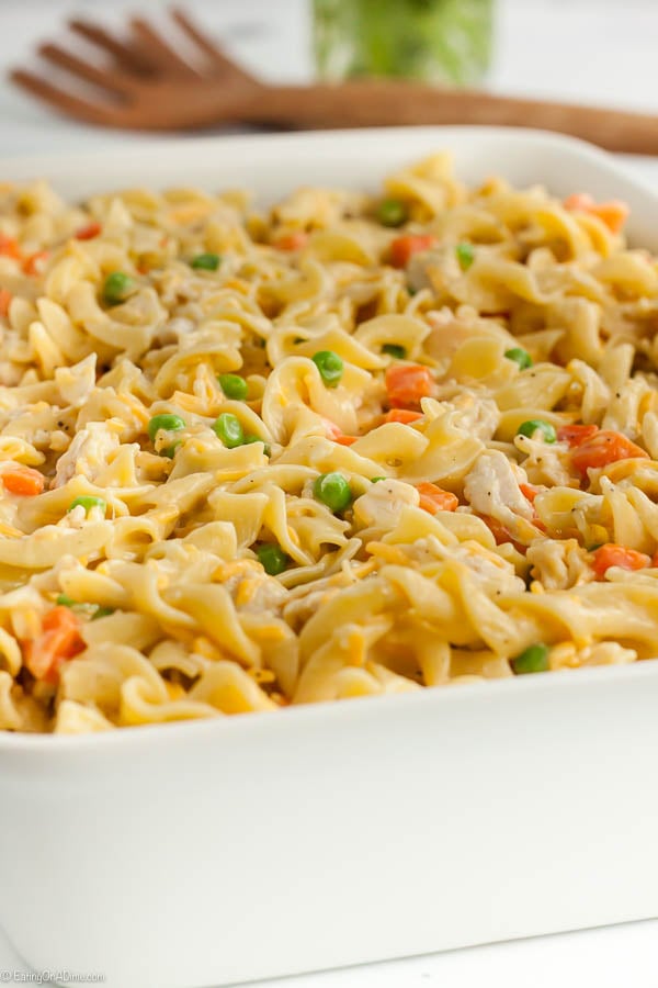 Chicken noodle casserole in the baking dish