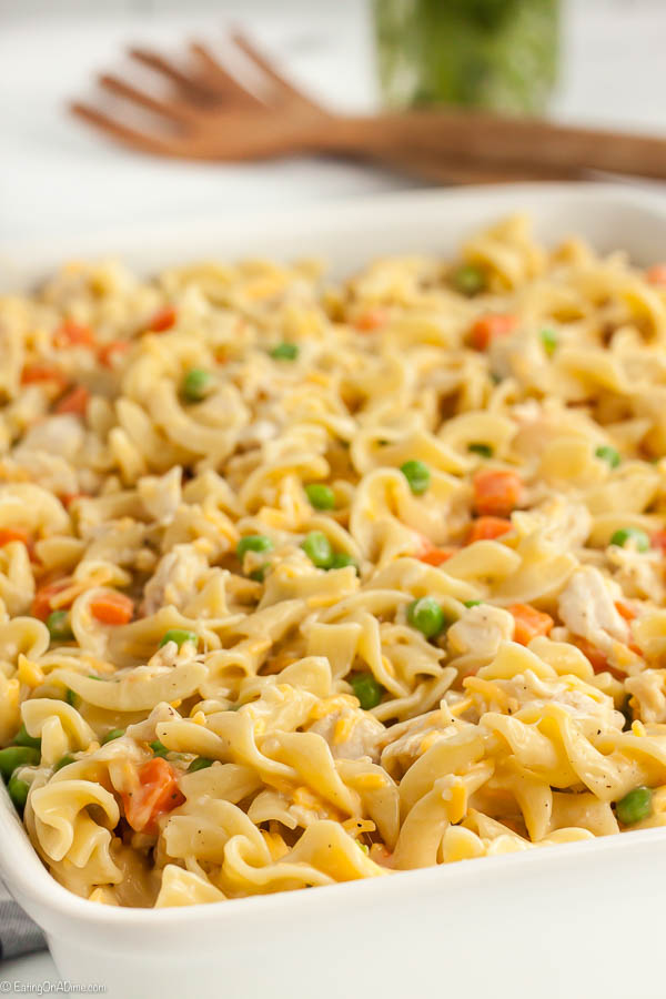 chicken noodle casserole in a baking dish