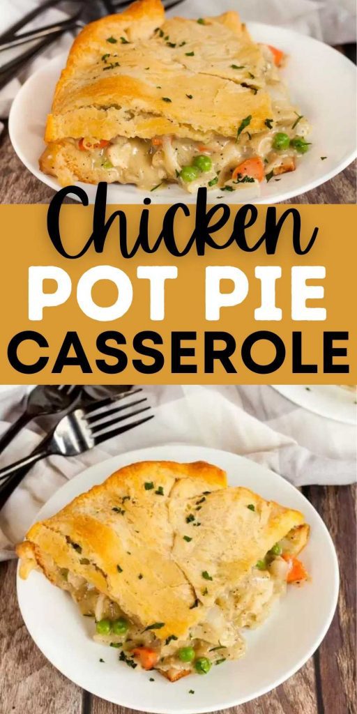 Chicken Pot Pie Casserole Recipe is one of those meals that everyone will love. It is easy to make with crescents rolls and chicken mixture. The entire family will love this easy chicken casserole that makes the best comfort food for anytime of the year.  #eatingonadime #chickenrecipes #casserolerecipes #chickenpotpie 

