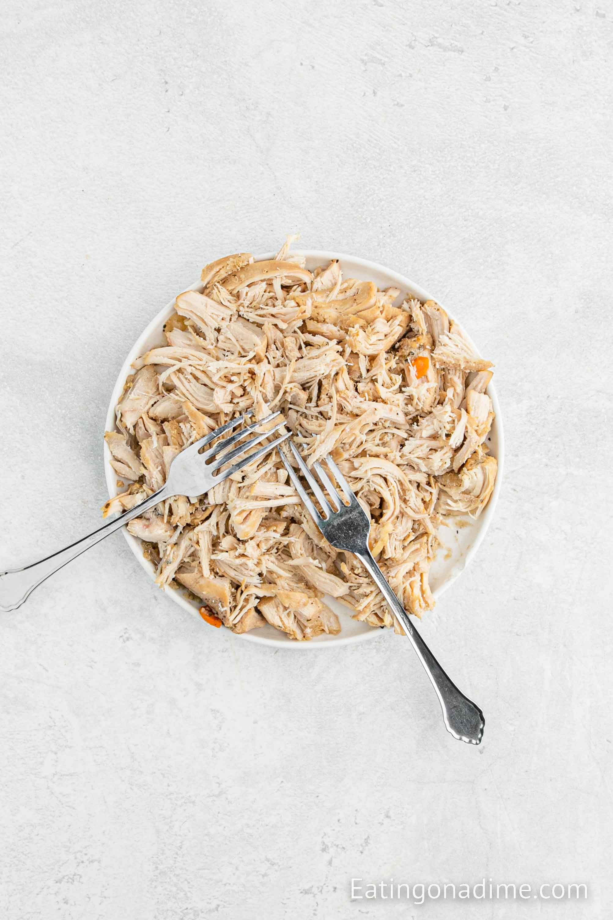 Shredding cooked chicken with two forks on a plate