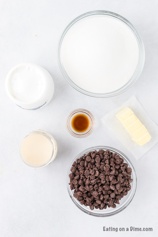 ingredients for recipe: evaporated milk, vanilla, butter, chocolate chips, marshmallow creme