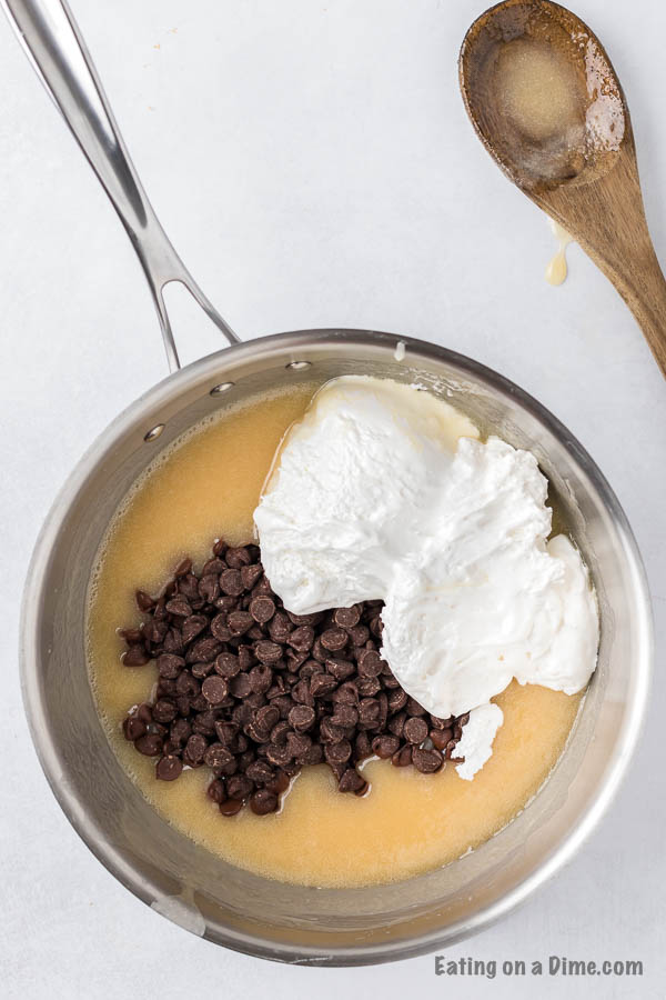 pan with sweetened condensed milk, marshmallow creme, chocolate chips