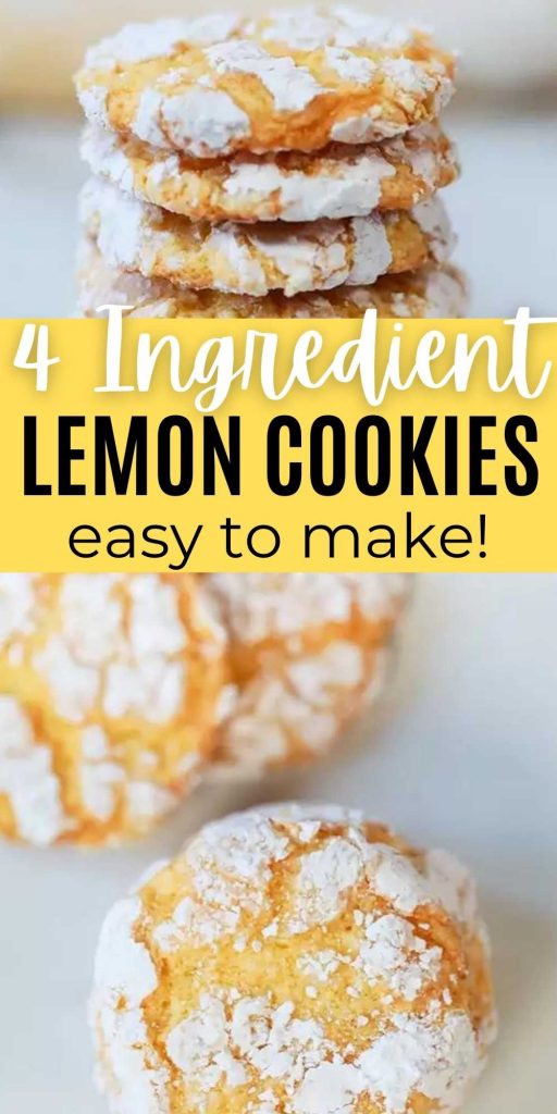 You'll love these Lemon Crinkle Cookies and they only take 4 ingredients to make.  From prep to baking, these soft and fluffy cookies take 30 minutes. These cool whip lemon cookies are simple to make and packed with flavor too.  These are the best lemon cake mix cookies.  #eatingonadime #cookierecipes #cakemixcookies #lemonrecipes #easydesserts 
