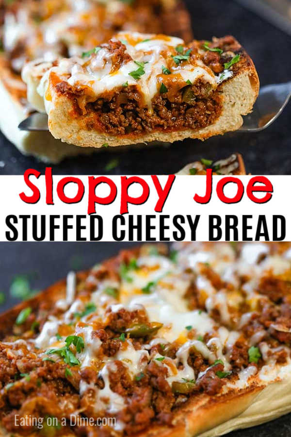 Sloppy joes stuffed french bread recipe has everything you love about sloppy joes in a cheese stuffed bread. This is the perfect party food or dinner idea. This french bread recipe is loaded with cheese and sloppy joe mixture. #eatingonadime #sloppyjoestuffedcheesybread #frenchbreadstuffedbread
