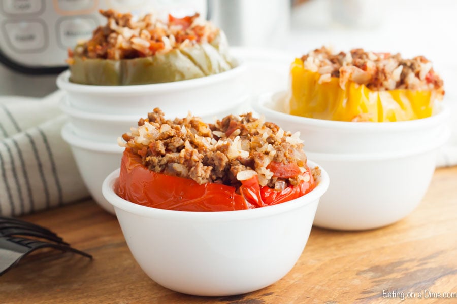 Closeup photo of stuffed peppers in individual bowls