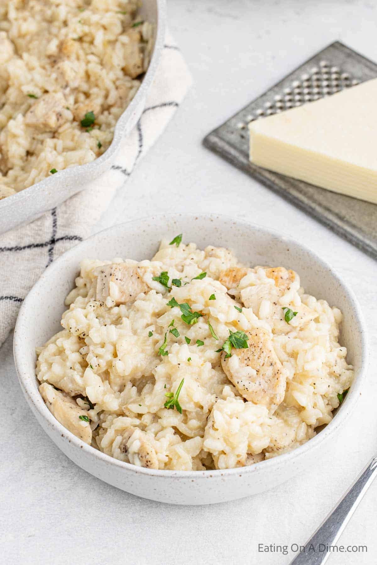 A close up image of a bowl of chicken risotto