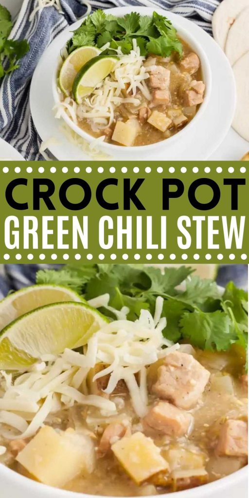 Crock Pot Green Chili Stew Recipe has so much flavor and the salsa verde really takes the stew to the next level. Give this green chili stew recipe a try. This Slow Cooker pork and green chili recipe is easy to make and so delicious too.  #eatingonadime #crockpotrecipes #slowcookerrecipes #chilirecipes 
