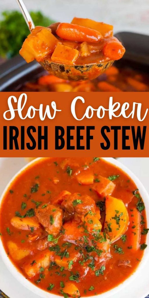 Crock Pot Irish Beef Stew is a tasty twist on classic stew with a tangy broth. It is loaded with savory meat and tender vegetables and easy to make in a slow cooker.  Everyone loves this Guinness Irish Beef stew recipe.  #eatingonadime #stewrecipes #crockpotrecipes #slowcookerrecipes #comfortfoods 
