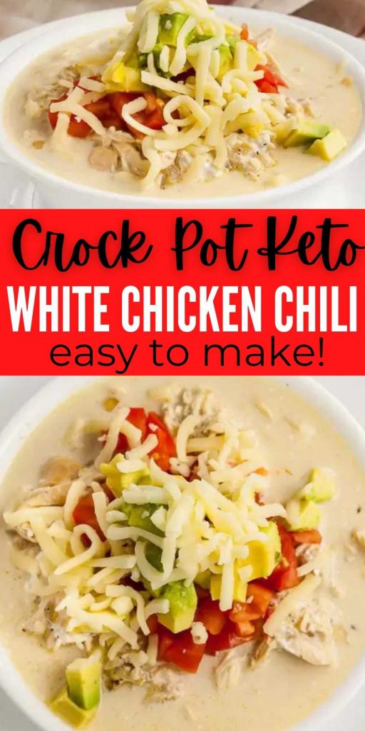 Crock pot Keto White Chicken Chili Recipe is low carb and delicious too. This chili is loaded with so much flavor, chicken, cheese and more.  Plus it’s easy to make in a slow cooker.  #eatingonadime #lowcarbrecipes #ketorecipes #crockpotrecipes #slowcookerrecipes 
