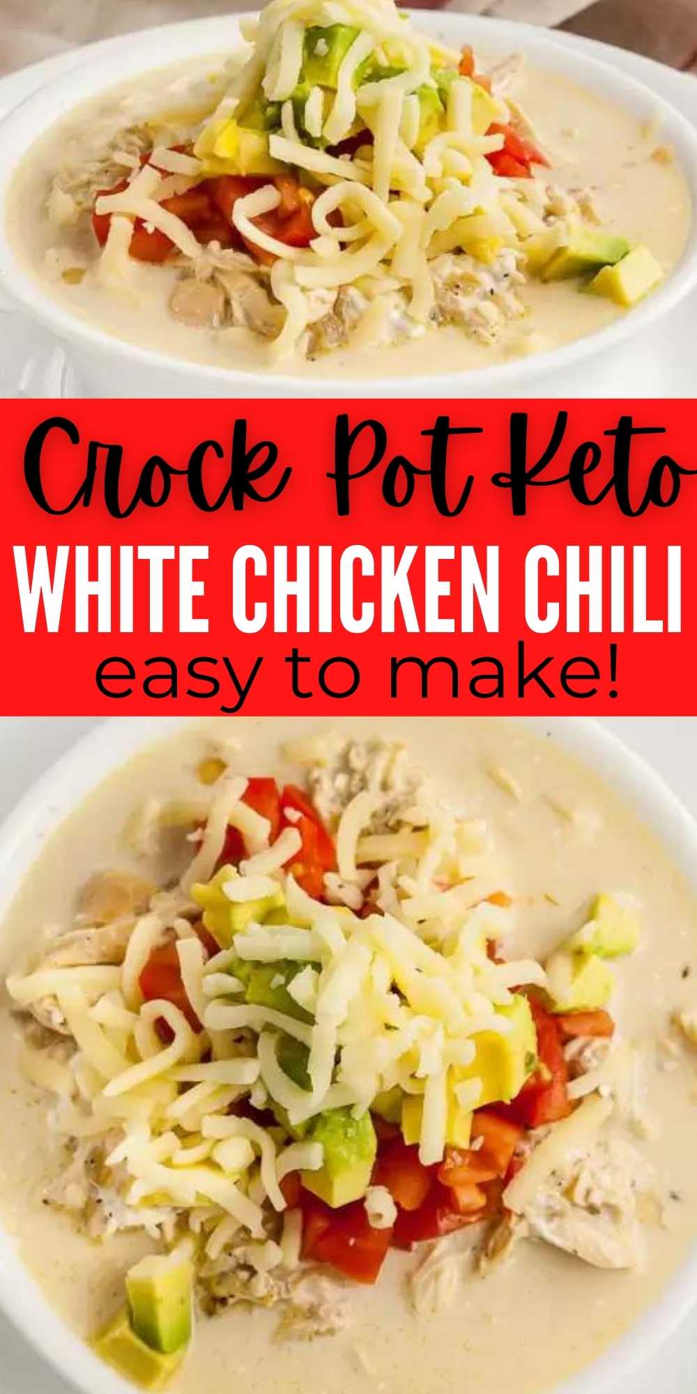 Crock pot Keto White Chicken Chili Recipe is low carb and delicious too. This chili is loaded with so much flavor, chicken, cheese and more.  Plus it’s easy to make in a slow cooker.  #eatingonadime #lowcarbrecipes #ketorecipes #crockpotrecipes #slowcookerrecipes 
