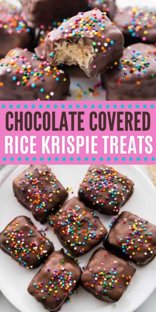 Try this delicious Chocolate Covered Rice Krispie Treats recipe. These chocolate dipped rice krispie treats are perfect for any Christmas cookie exchange, baby shower, wedding or birthday party. These DIY chocolate covered Rice Krispies are an easy dessert idea. #eatingonadime #dessertrecipes #nobakedesserts 
