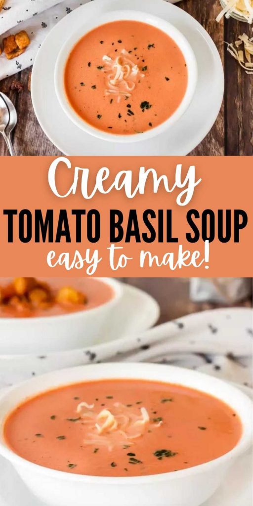 Creamy Tomato Basil Soup Recipe is so delicious and easy to make with fresh tomatoes. Once you try this easy homemade tomato basil soup, you won't buy the canned version again. #eatingonadime #souprecipes #tomatobasil 
