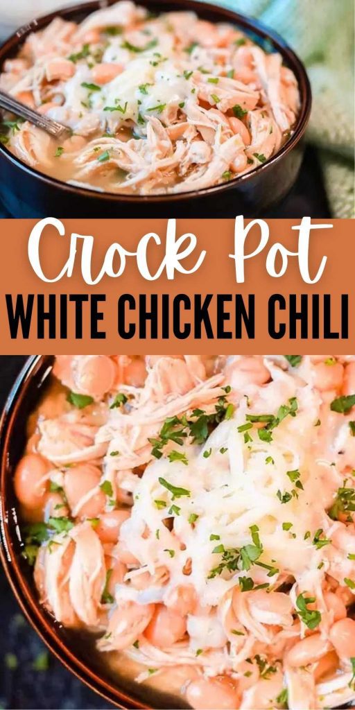 Crock pot White Chicken Chili is a family favorite around here and so easy to prepare. This Slow Cooker White Chicken Chili Recipe is easy to make and healthy too.  Everyone loves this delicious chicken chili recipe.  #eatingonadime #chickenrecipes #chilirecipes #crockpotrecipes #slowcookerrecipes 
