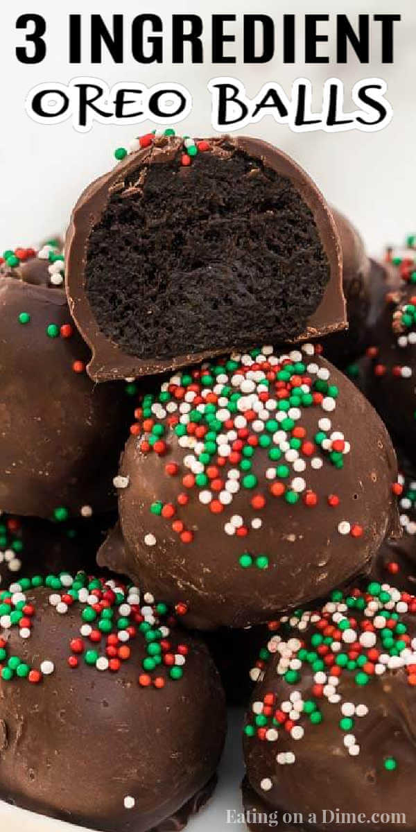 Try this easy Oreo Truffles Recipe this year. How to make Oreo balls. These no bake oreo balls are easy and are the best oreo chocolate truffles. You are going to love these easy no bake Oreo balls made with only 3 ingredients: Oreos, cream cheese and chocolate. These are perfect for Christmas! Check out this Oreo Truffles Recipe how to make! #eatingonadime #dessertrecipes #oreodesserts #oreotruffles #Christmasdesserts 
