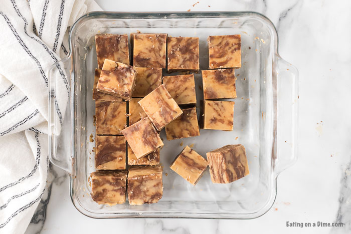 Pieces of peanut butter chocolate chip fudge cut into bite size pieces in a baking dish 