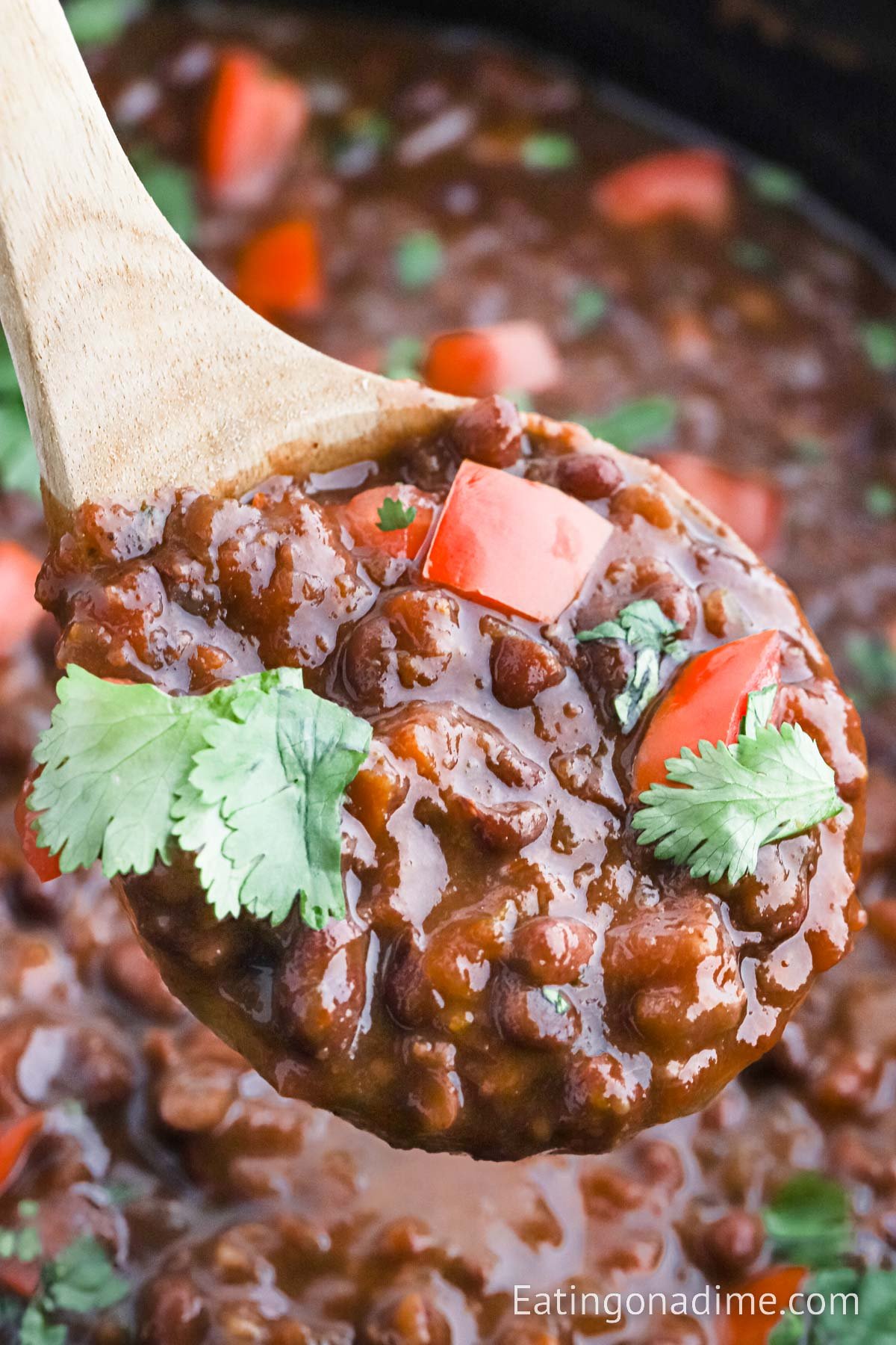 Black bean soup in the slow cooker with a serving on a wooden spoon